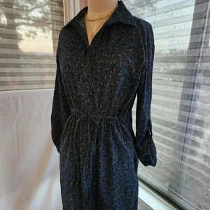 Ann Taylor Loft Teal Blue Floral Print Drawstring Shirt Dress Size 2 Long Sleeve
